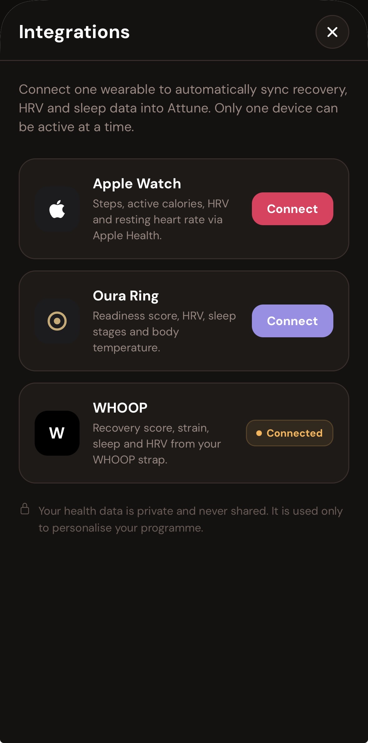 Wearable integrations — WHOOP, Oura Ring, Apple Watch